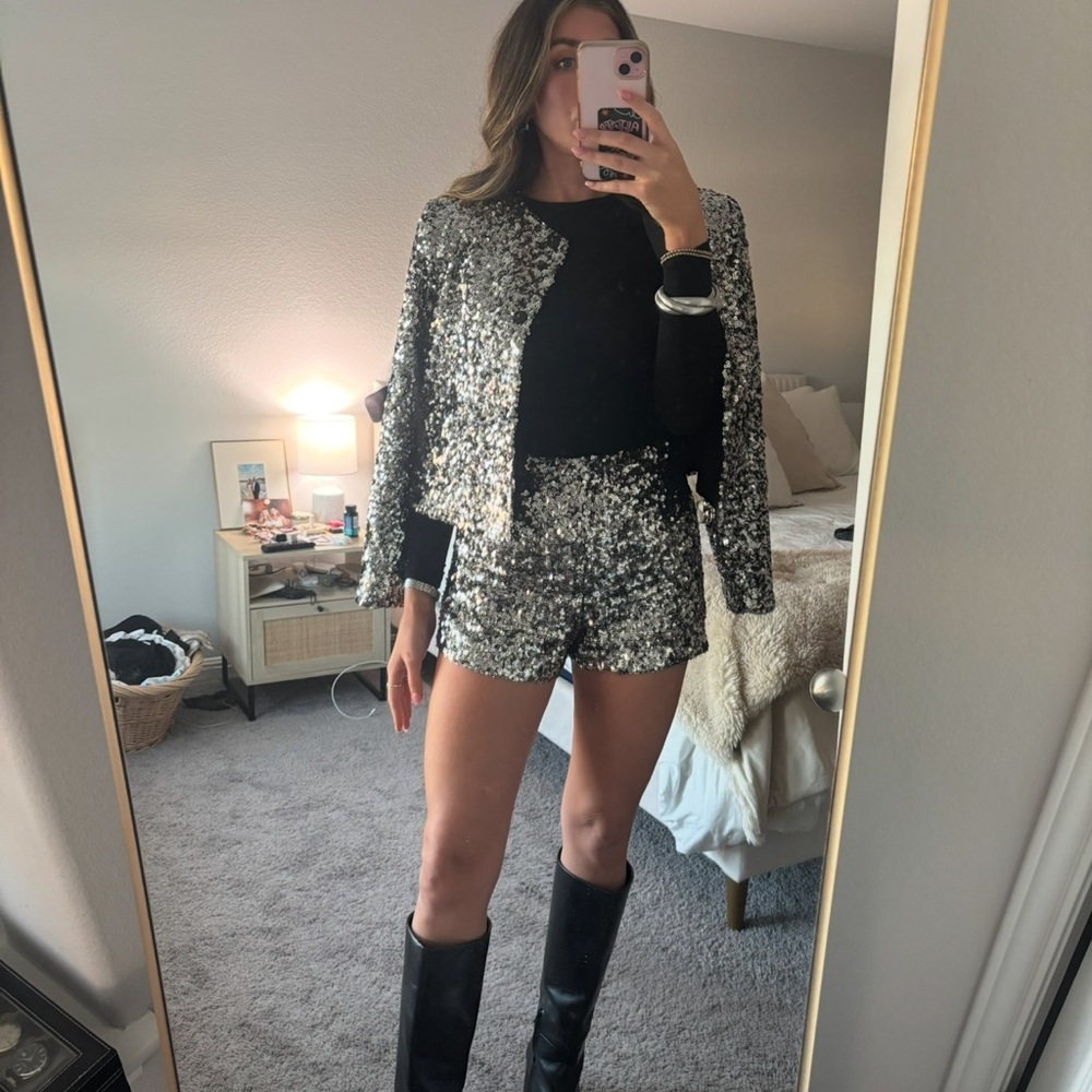 Zara Silver Sequin High Waist Shorts